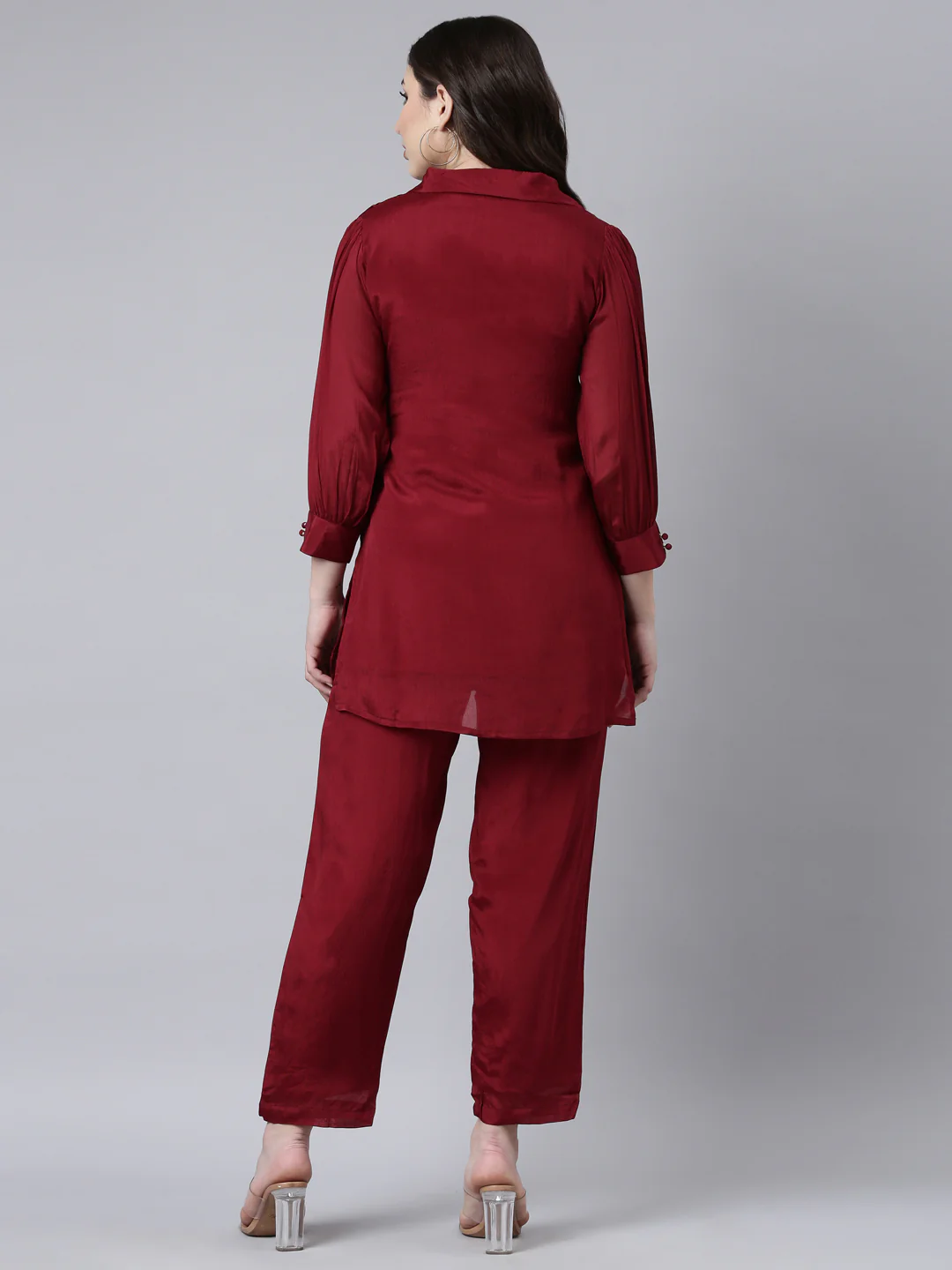 Neerus Maroon Regular Straight Solid Top And Trousers - Image 3