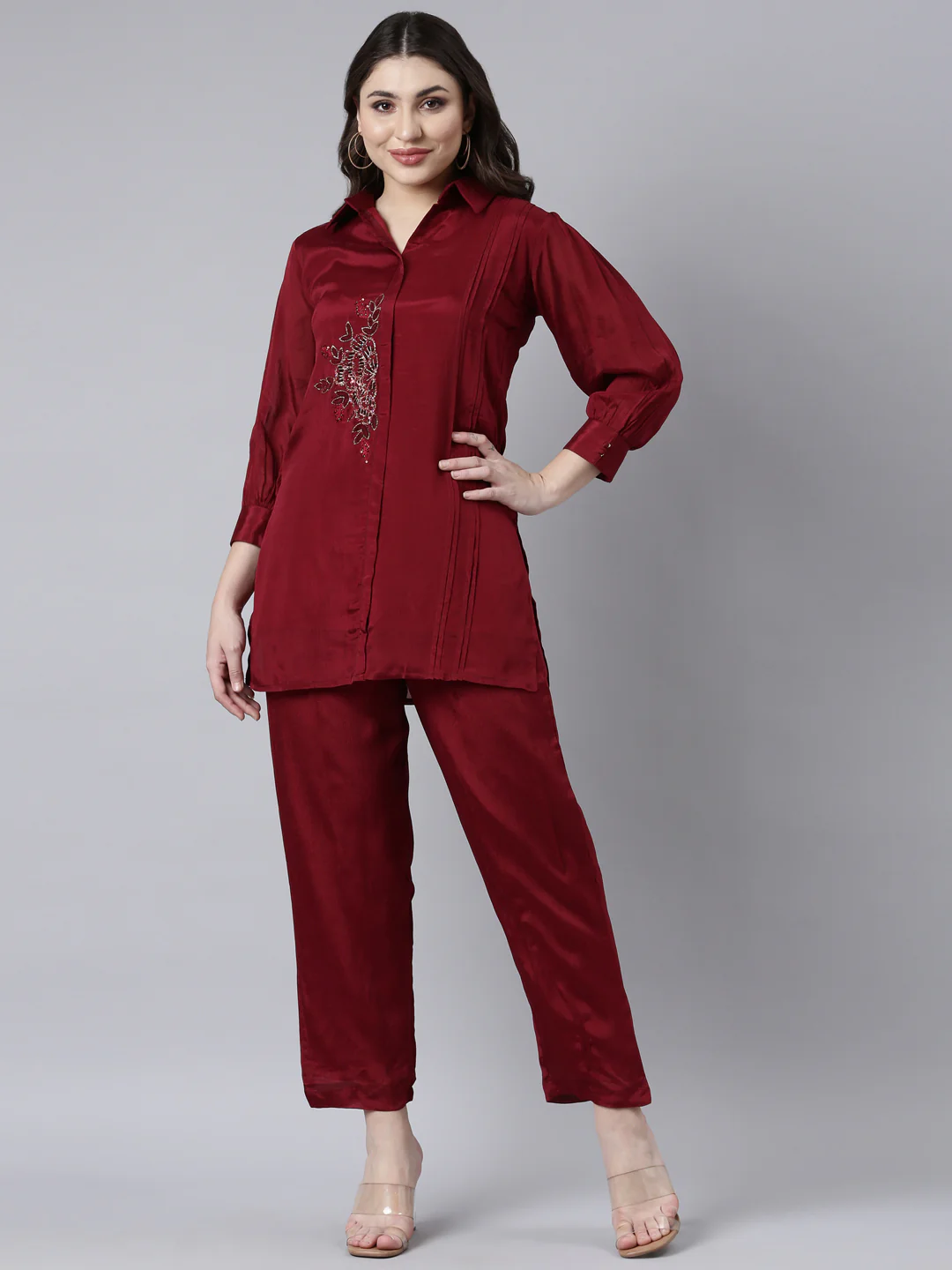 Neerus Maroon Regular Straight Solid Top And Trousers - Image 5