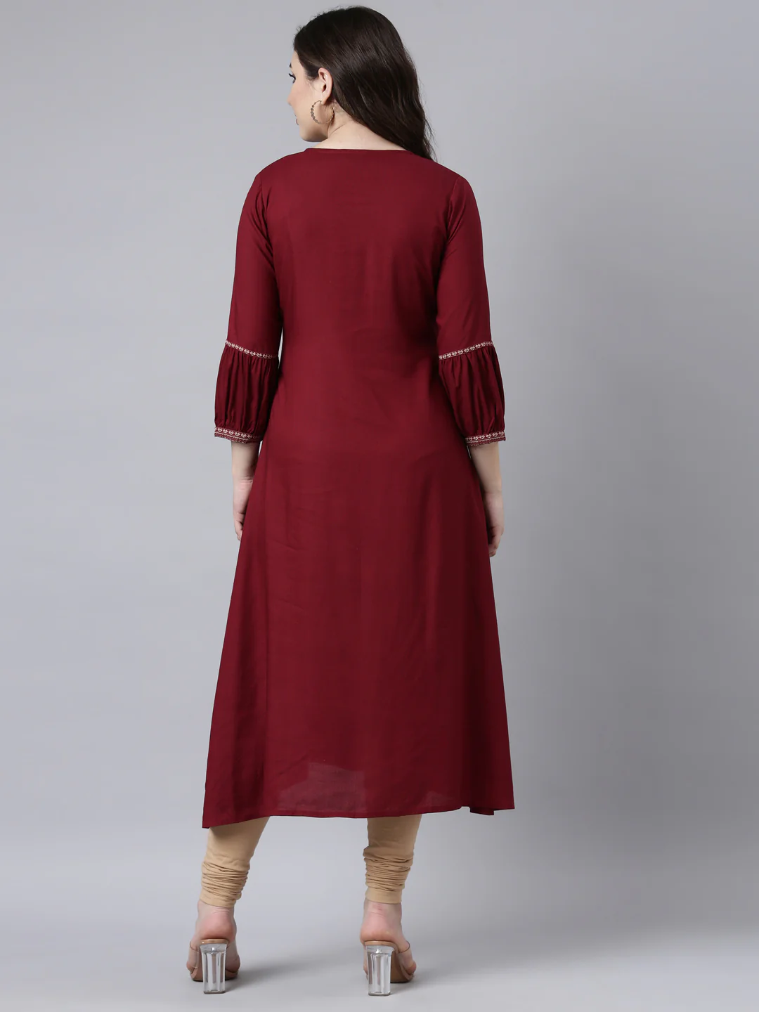 Neerus Maroon Regular Straight Woven Design Kurta - Image 3