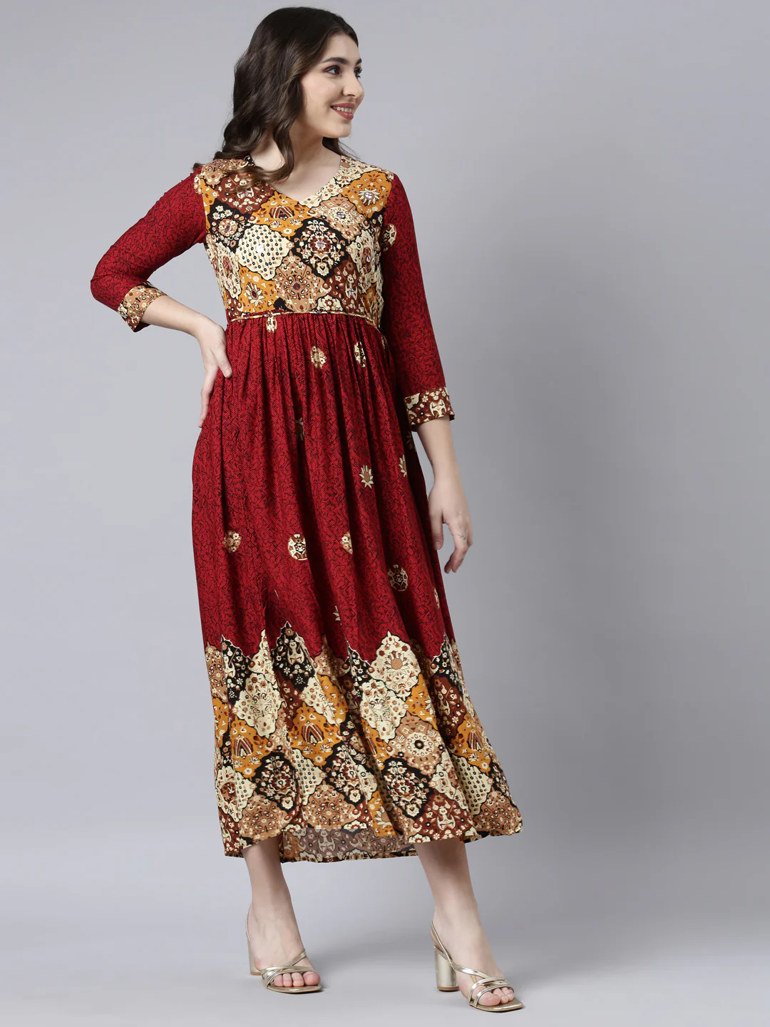 Neerus Maroon Straight Casual Floral Maxi Dresses - Image 2
