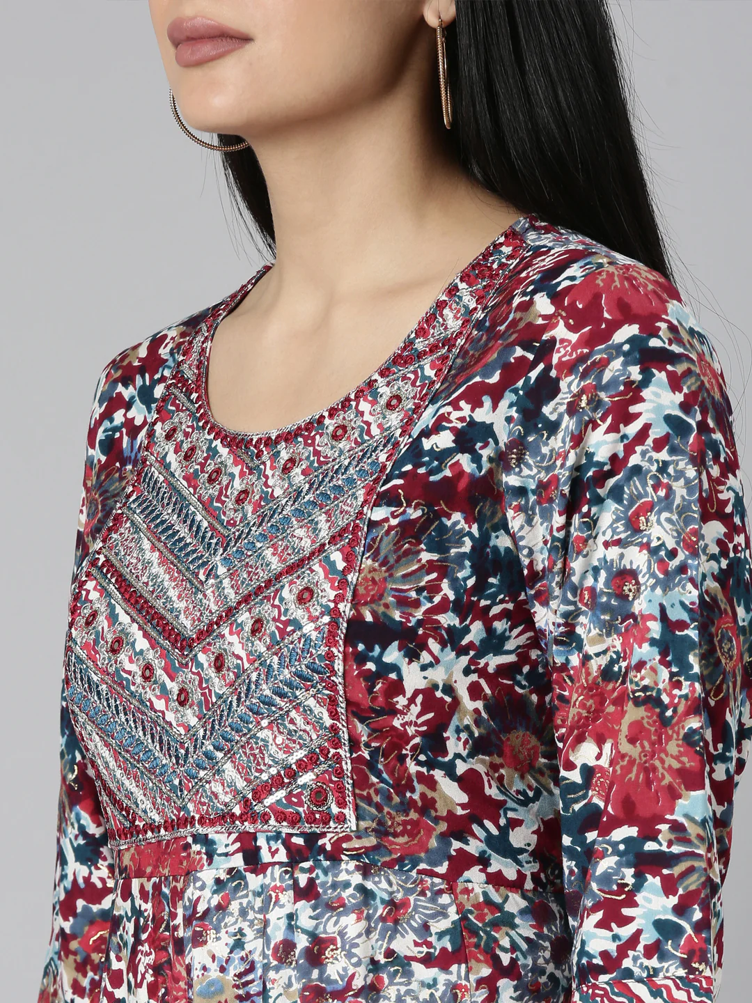 Neerus Maroon Straight Casual Floral Straight Kurta - Image 5