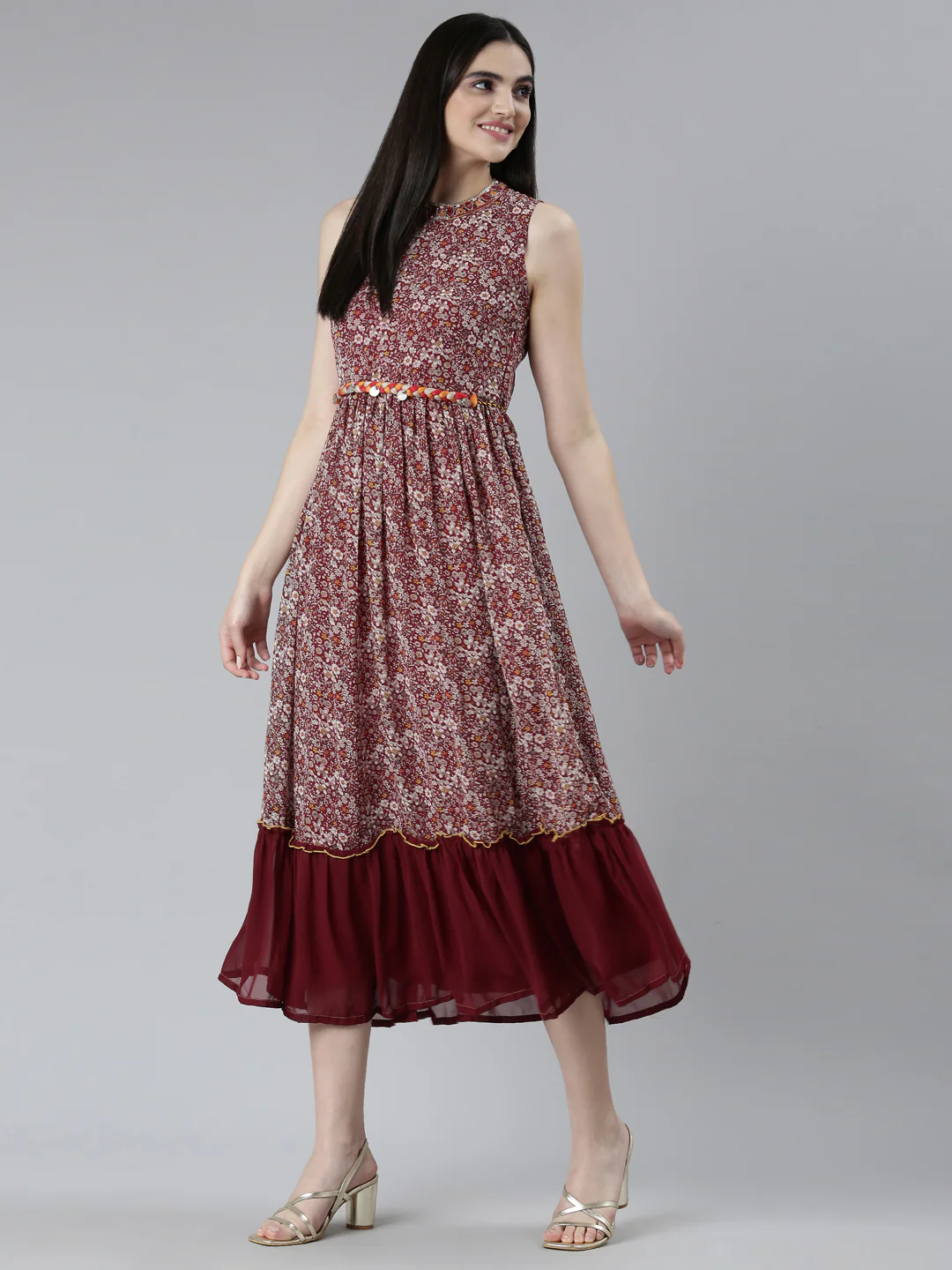 Neerus Maroon Straight Casual Printed Dress - Image 5