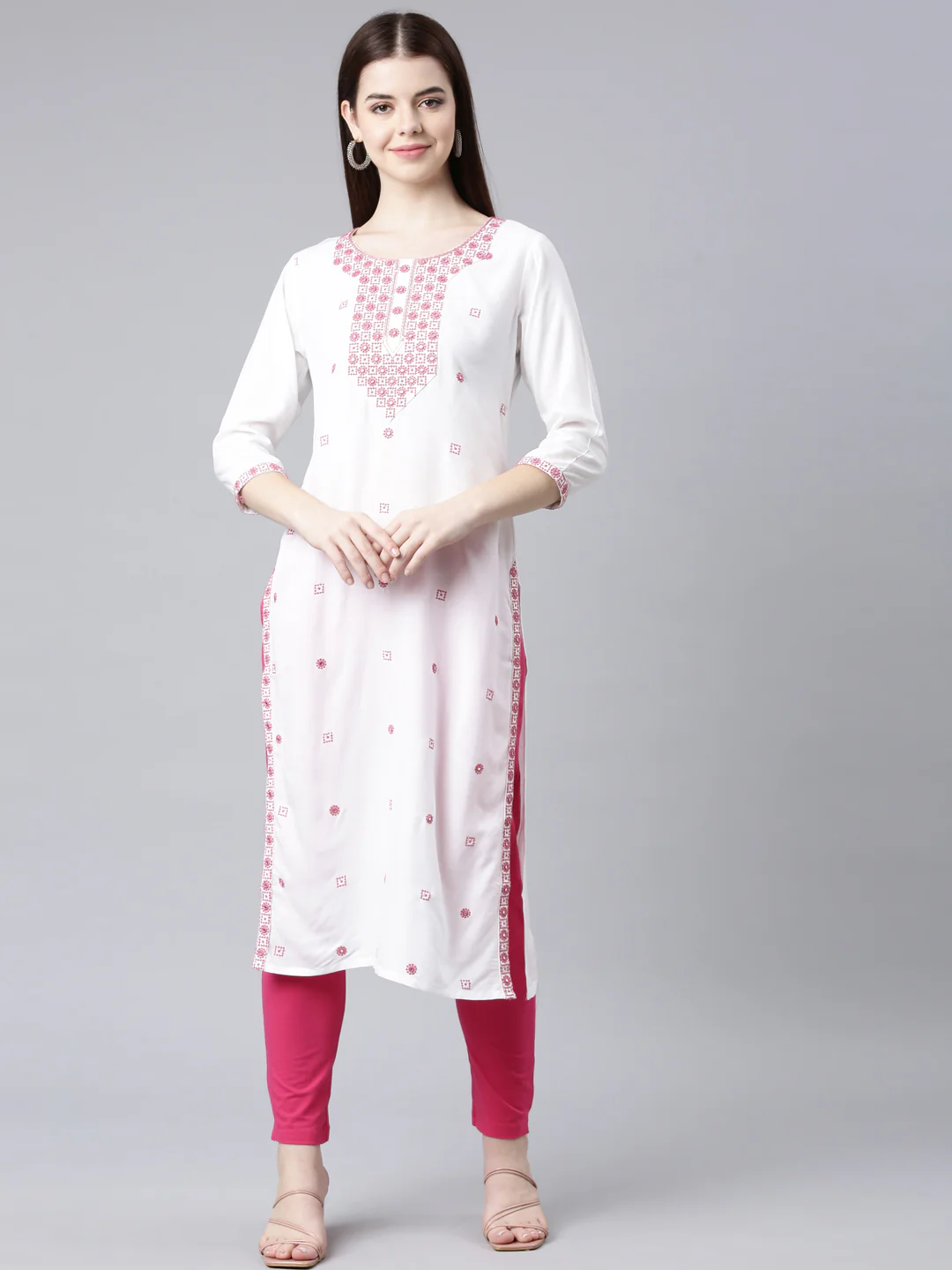 Neerus Maroon Straight Casual Solid Straight Kurta