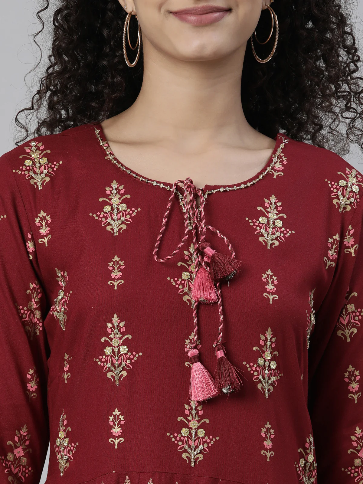 Neerus Maroon Straight Ethnic Printed Dress - Image 4