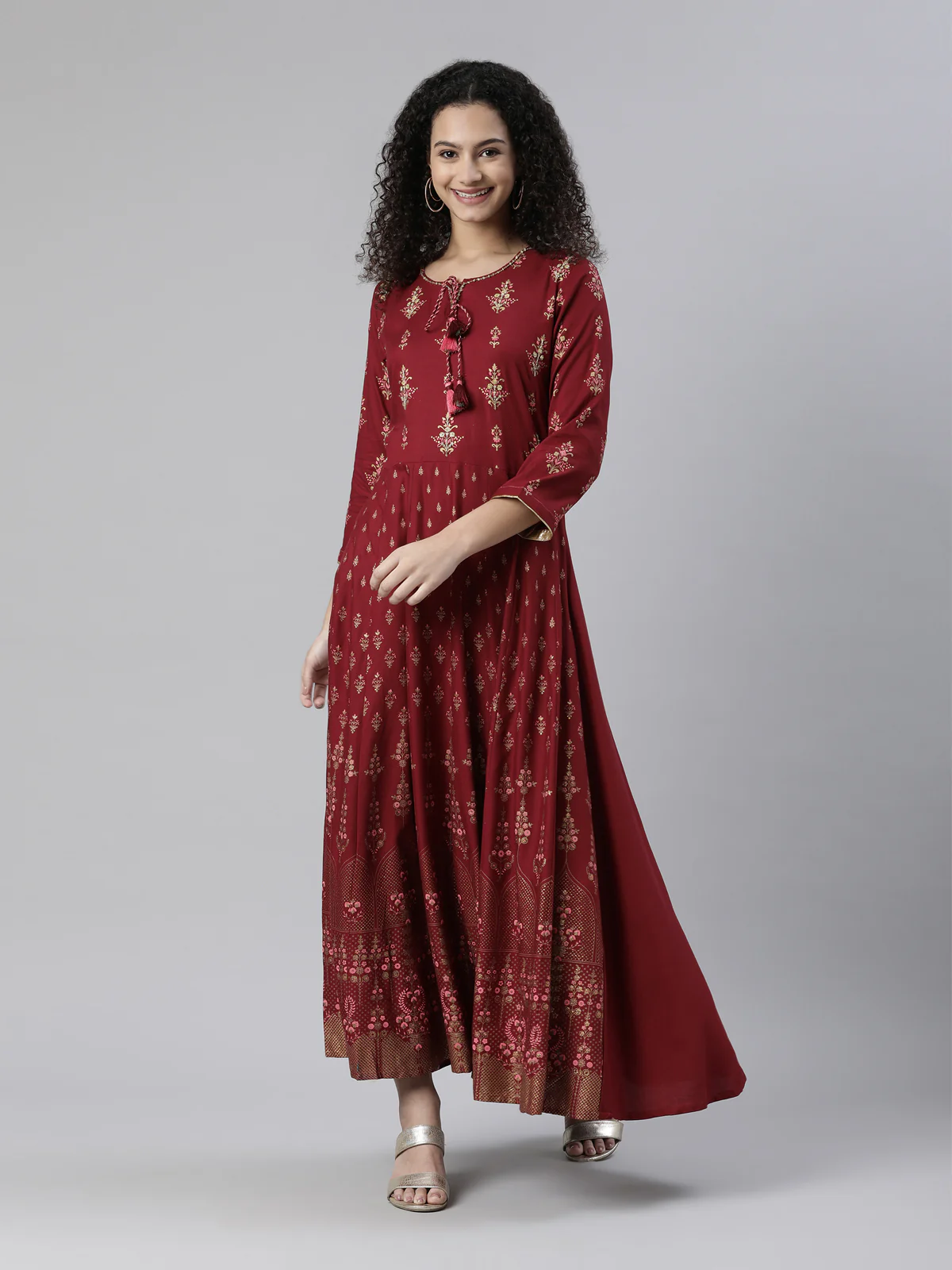 Neerus Maroon Straight Ethnic Printed Dress - Image 5