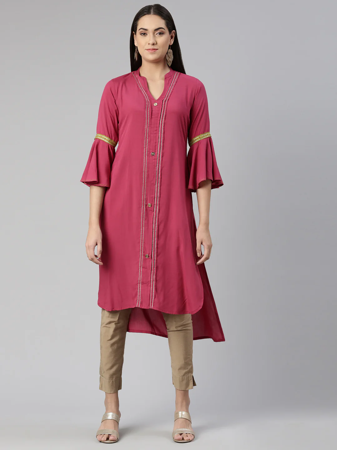 Neerus Maroon Straight Straight Cotton Silk Kurta
