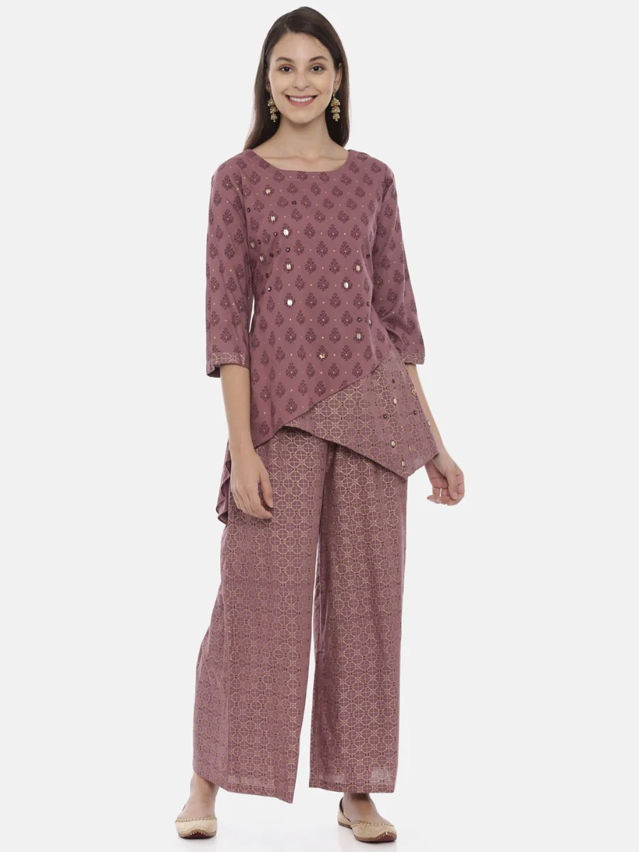 Neerus Mauve Embellished Tunic & Palazzo Set