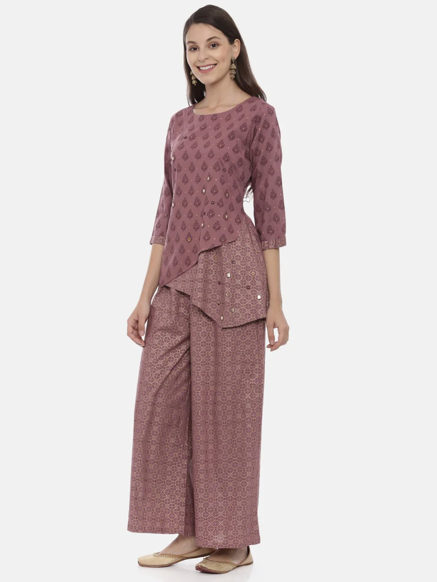 Neerus Mauve Embellished Tunic & Palazzo Set - Image 3