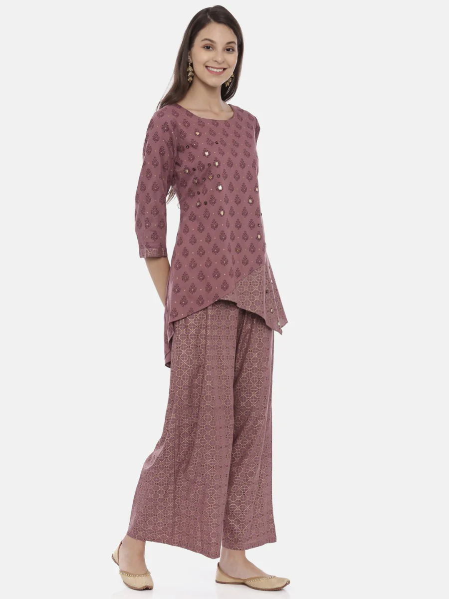 Neerus Mauve Embellished Tunic & Palazzo Set - Image 4