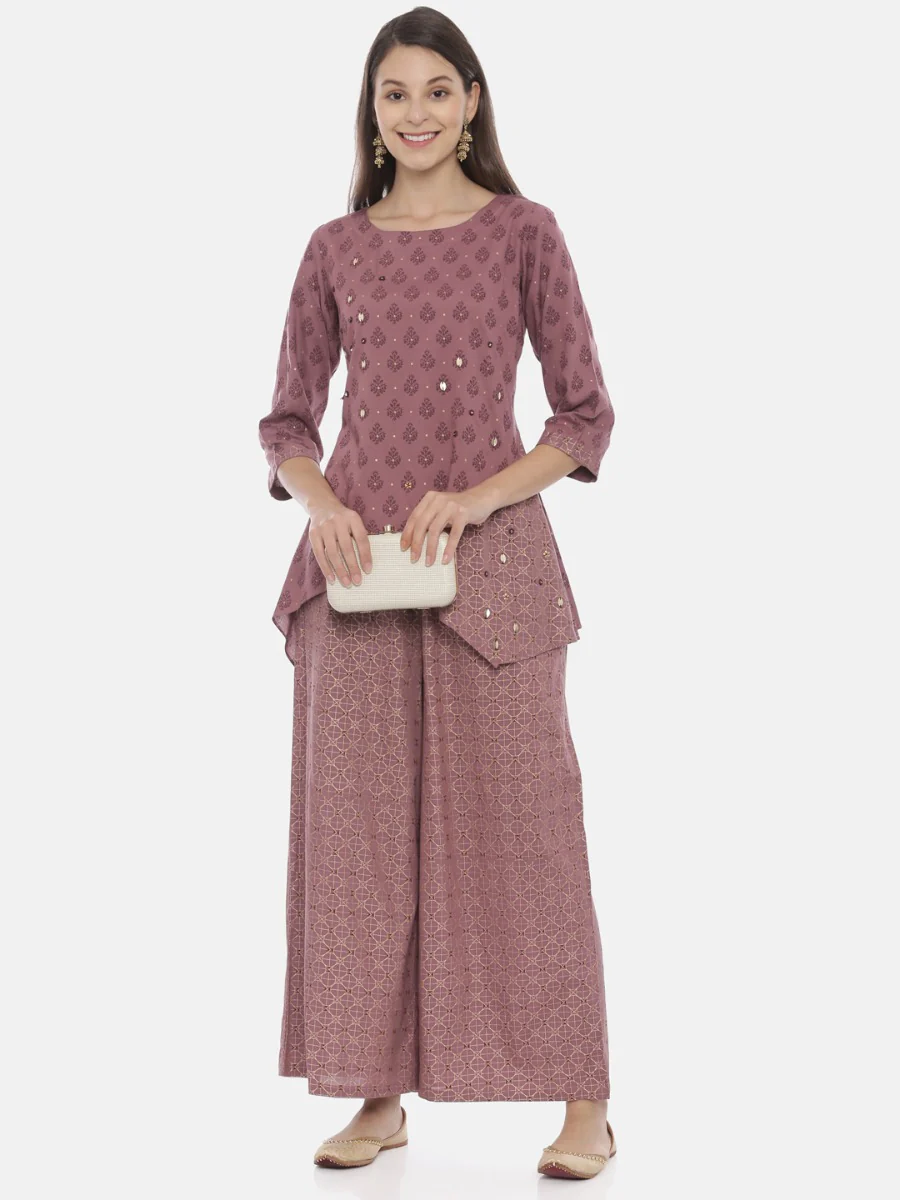 Neerus Mauve Embellished Tunic & Palazzo Set - Image 6