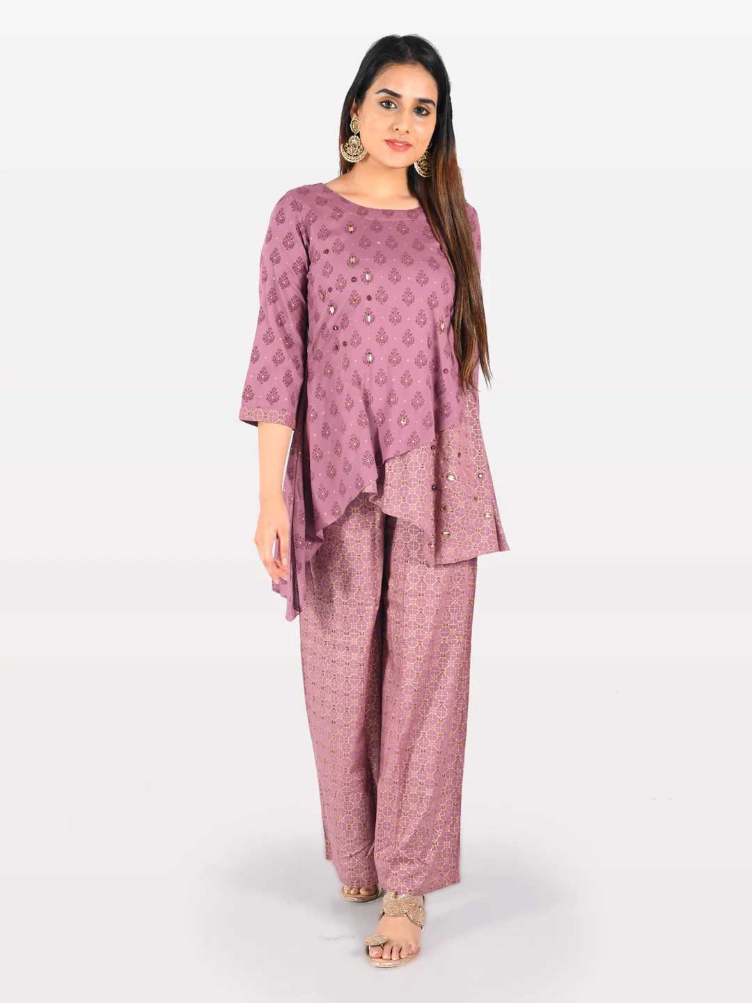 Neerus Mauve Embellished Tunic & Palazzo Set - Image 8