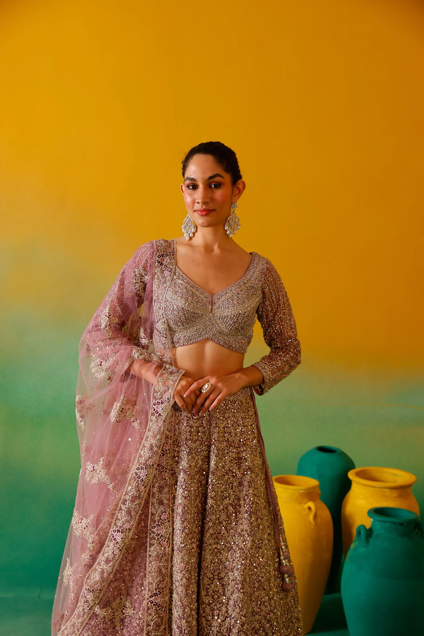 Neerus Mauve Embroidery work Nett Fabric Ghagra Set - Image 11