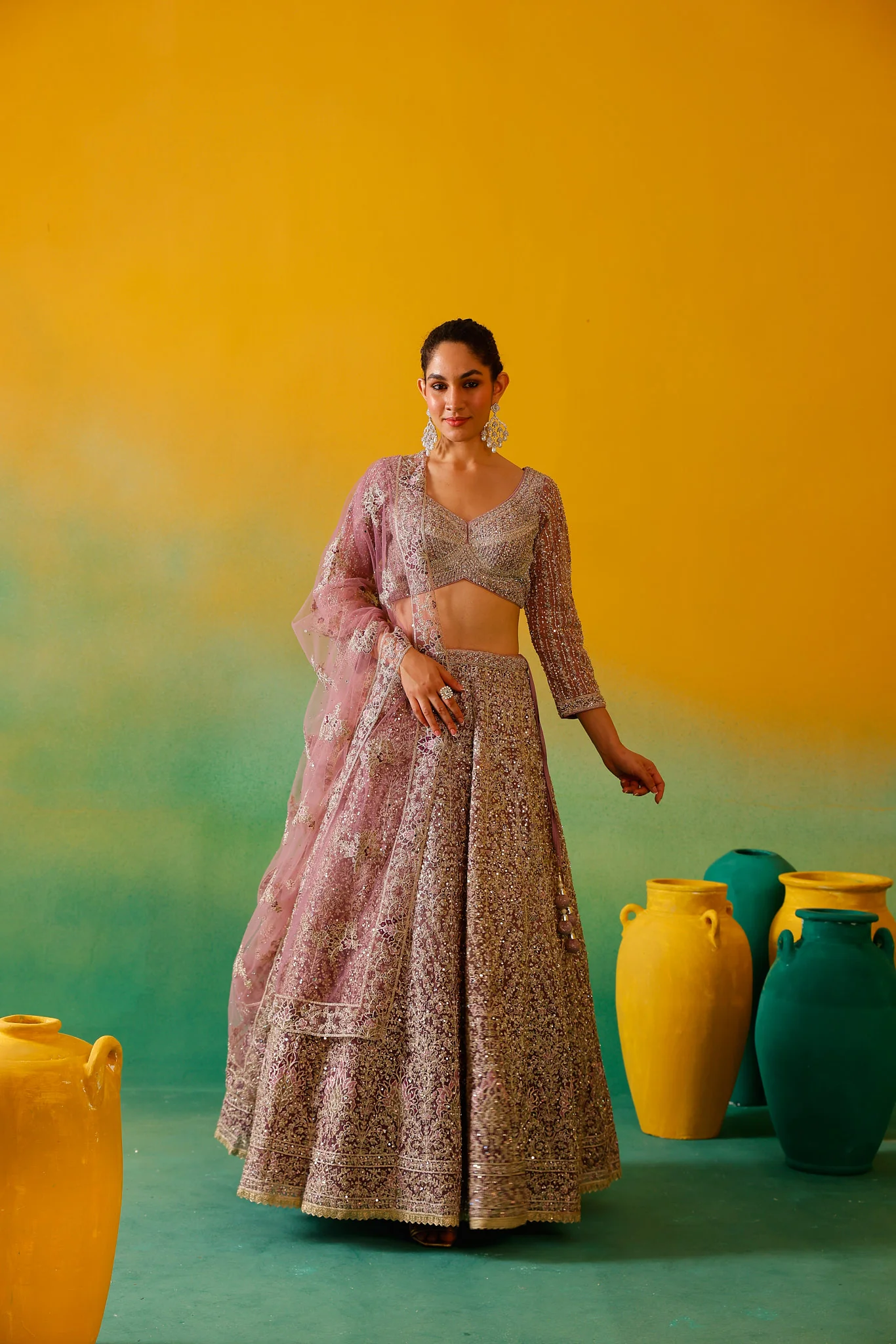 Neerus Mauve Embroidery work Nett Fabric Ghagra Set - Image 3