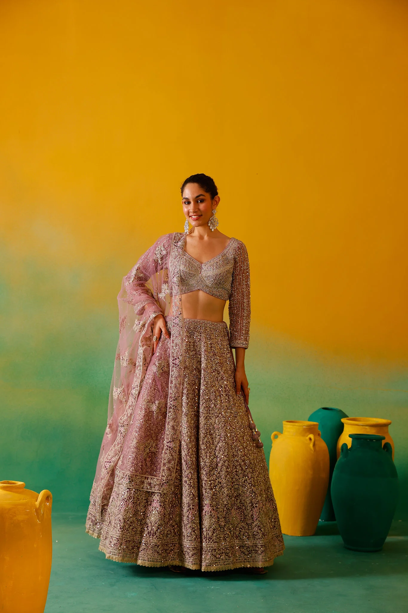 Neerus Mauve Embroidery work Nett Fabric Ghagra Set - Image 4