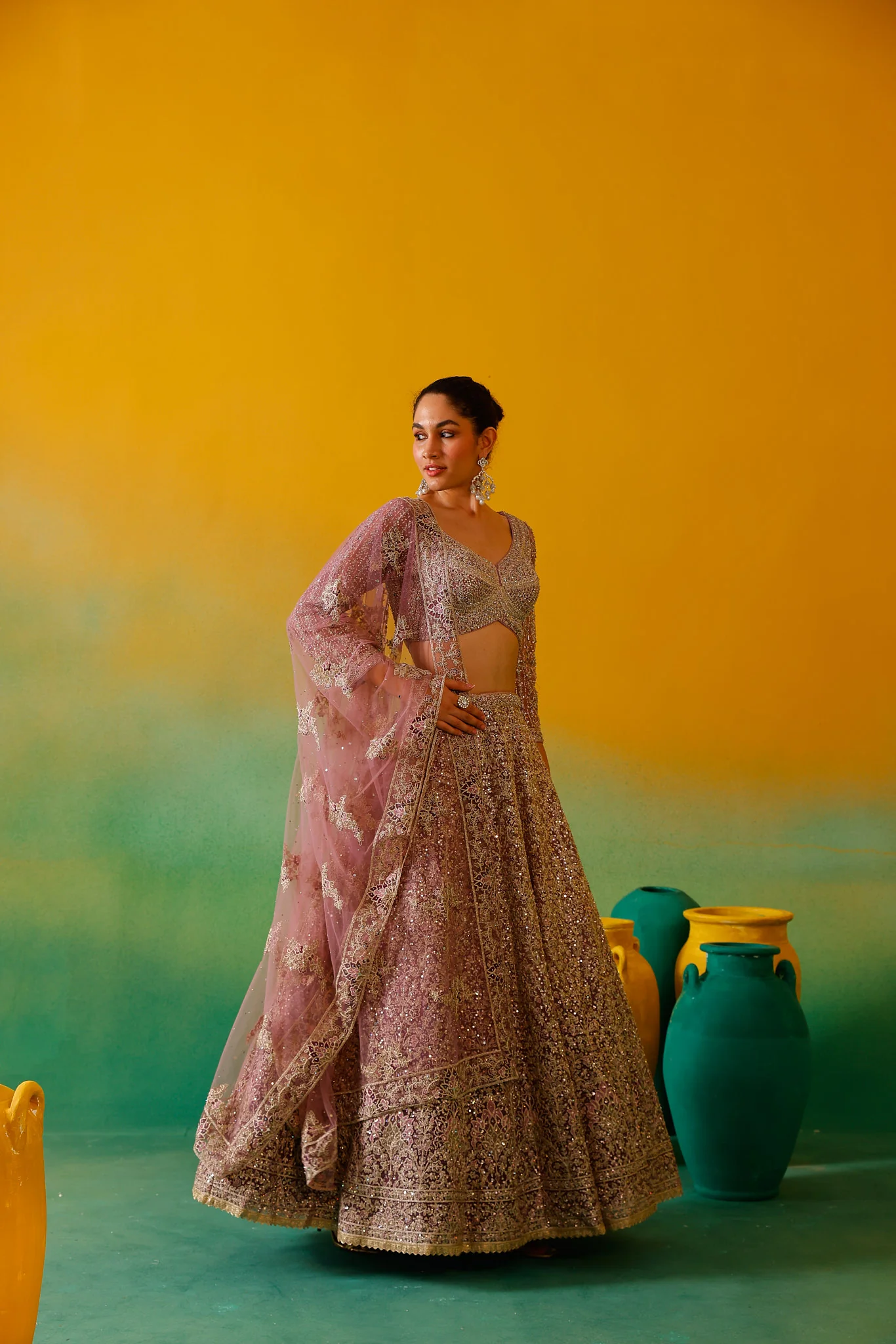 Neerus Mauve Embroidery work Nett Fabric Ghagra Set - Image 6