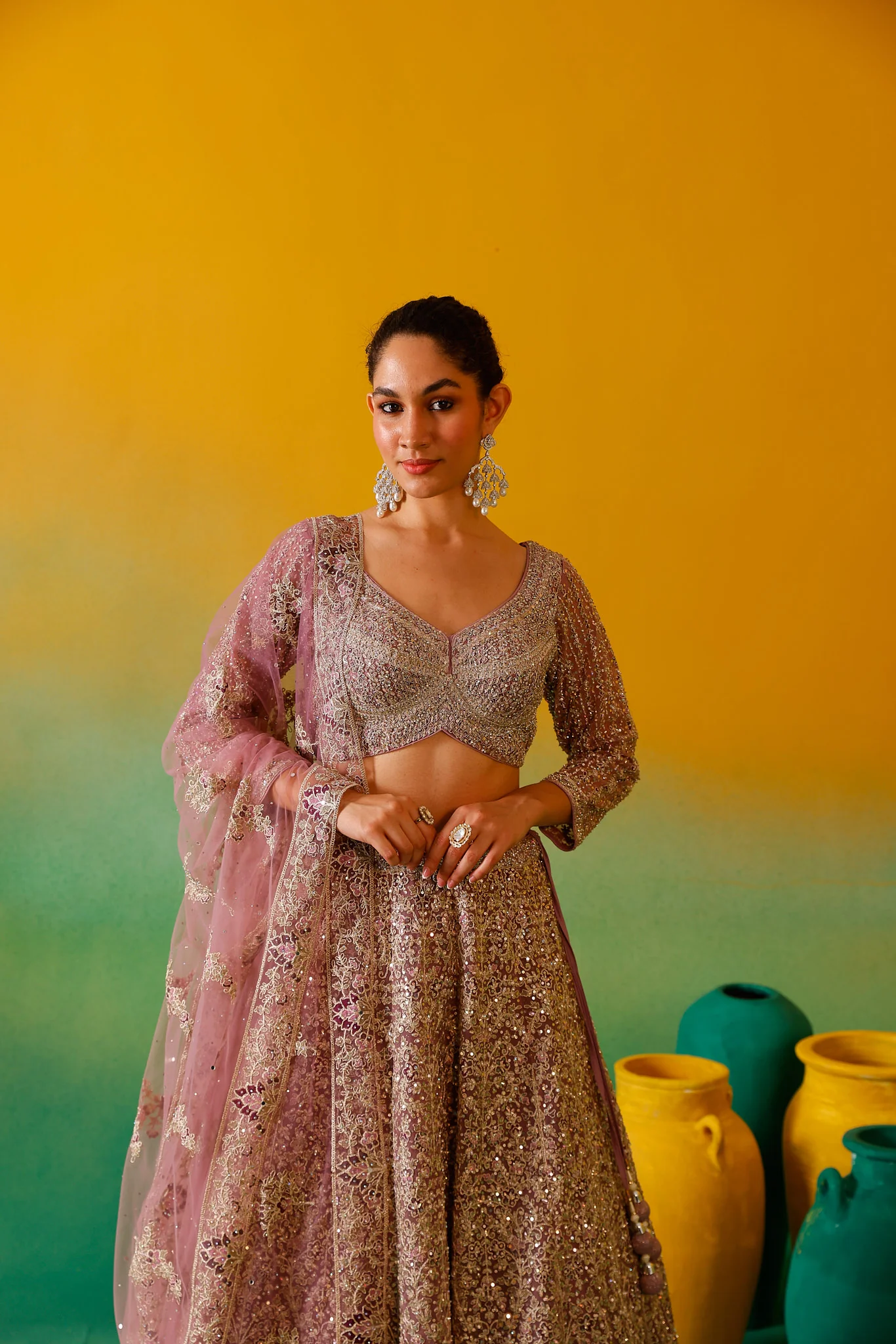 Neerus Mauve Embroidery work Nett Fabric Ghagra Set - Image 7