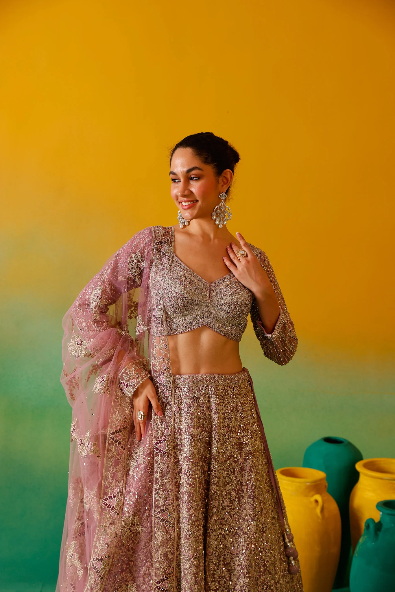 Neerus Mauve Embroidery work Nett Fabric Ghagra Set - Image 8