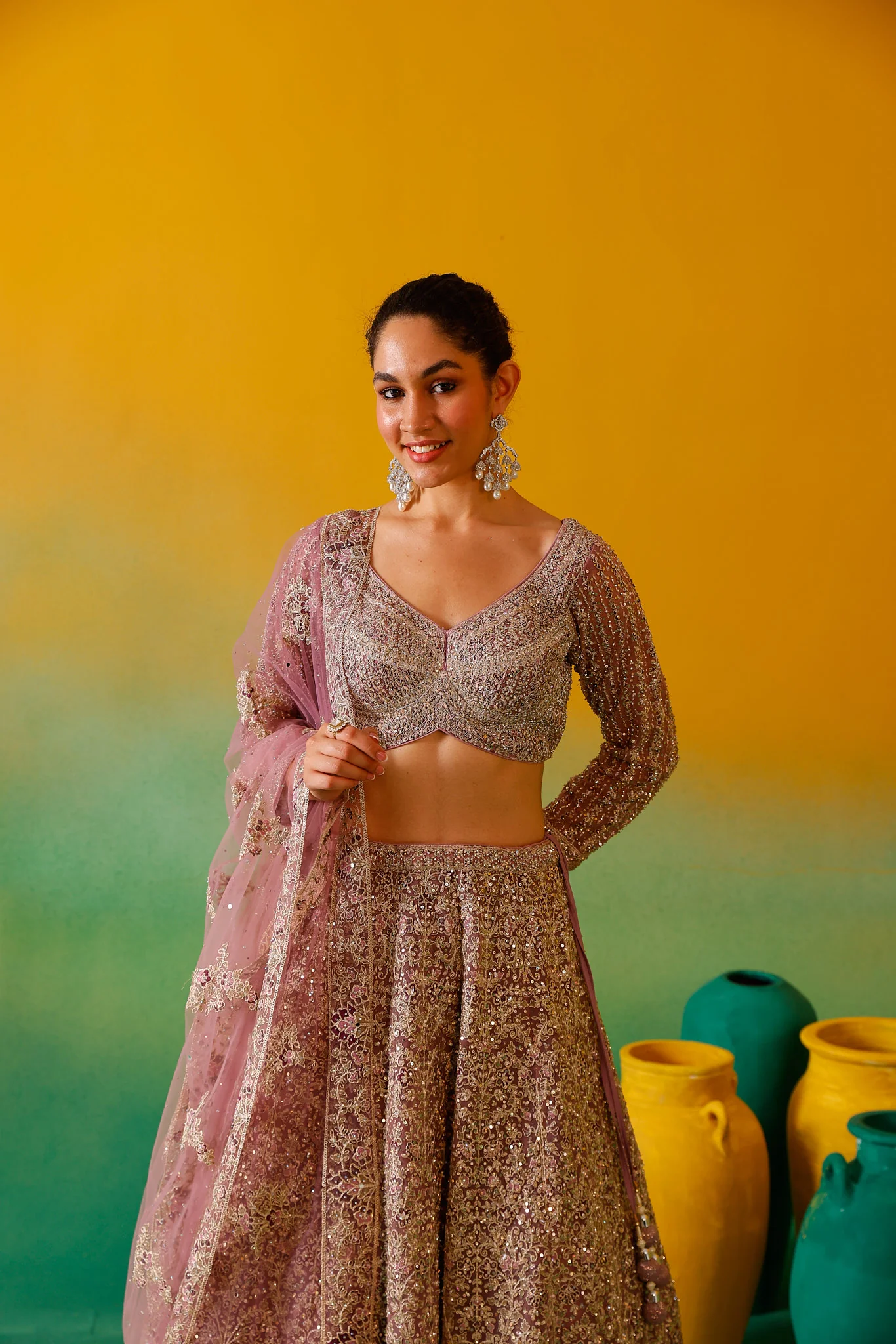 Neerus Mauve Embroidery work Nett Fabric Ghagra Set - Image 9