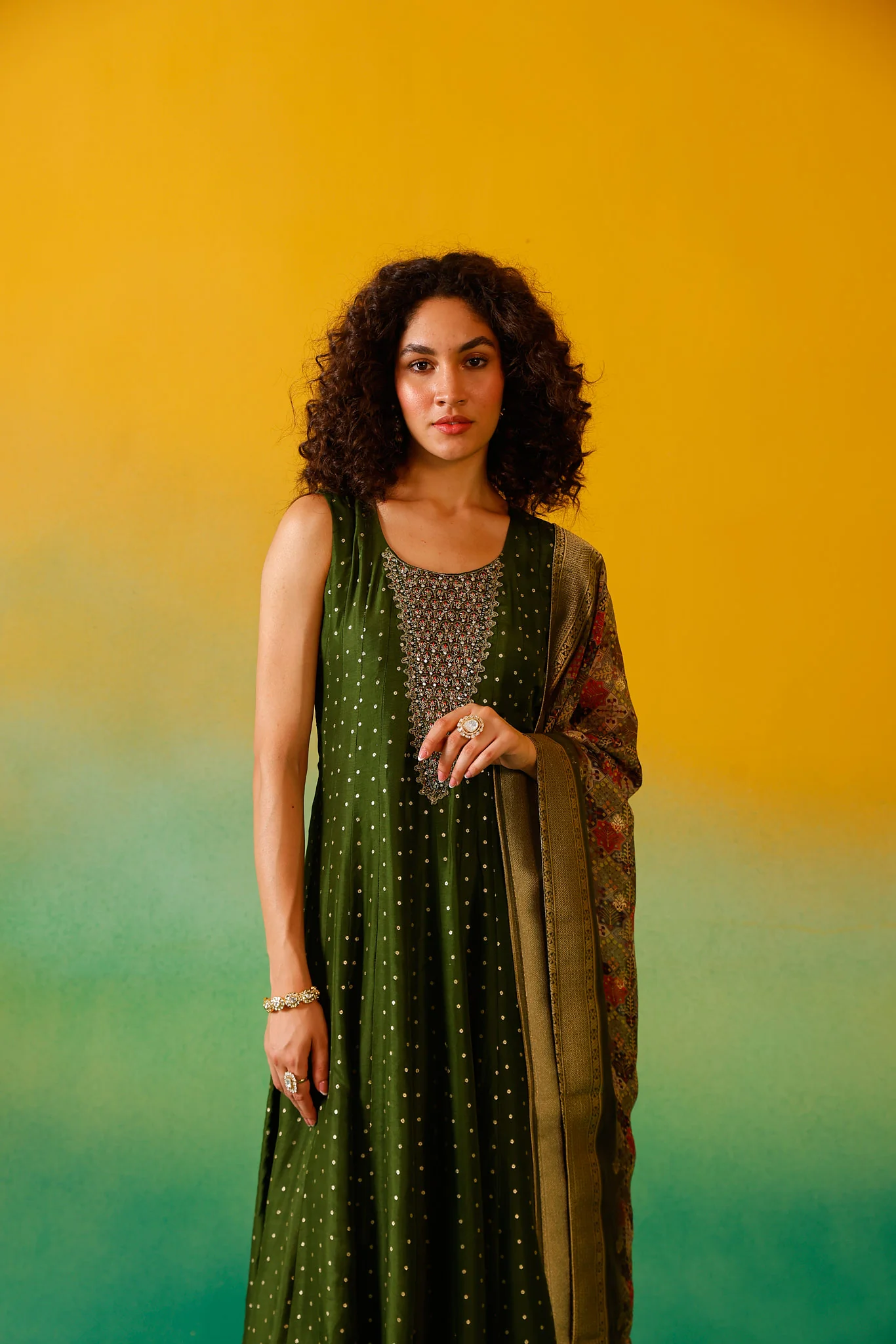 Neerus Mehadi Green Embroidery Chinon Fabric Anarkali Trouser and Dupatta. - Image 10
