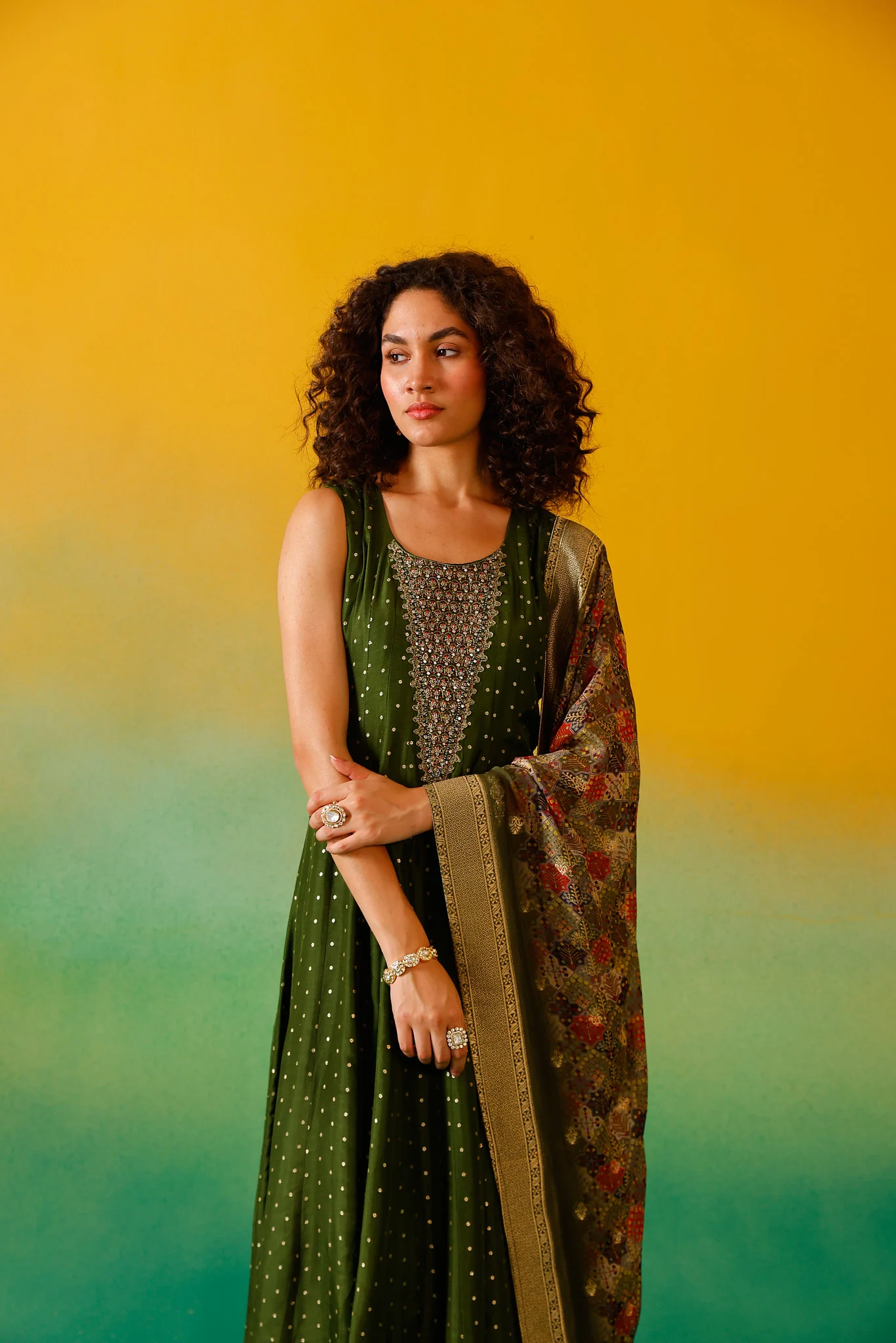 Neerus Mehadi Green Embroidery Chinon Fabric Anarkali Trouser and Dupatta. - Image 11