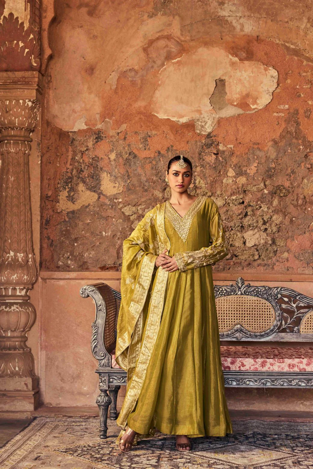Neerus Mehadi Green Embroidery Tissue Fabric Anarkali and Dupatta - Image 2