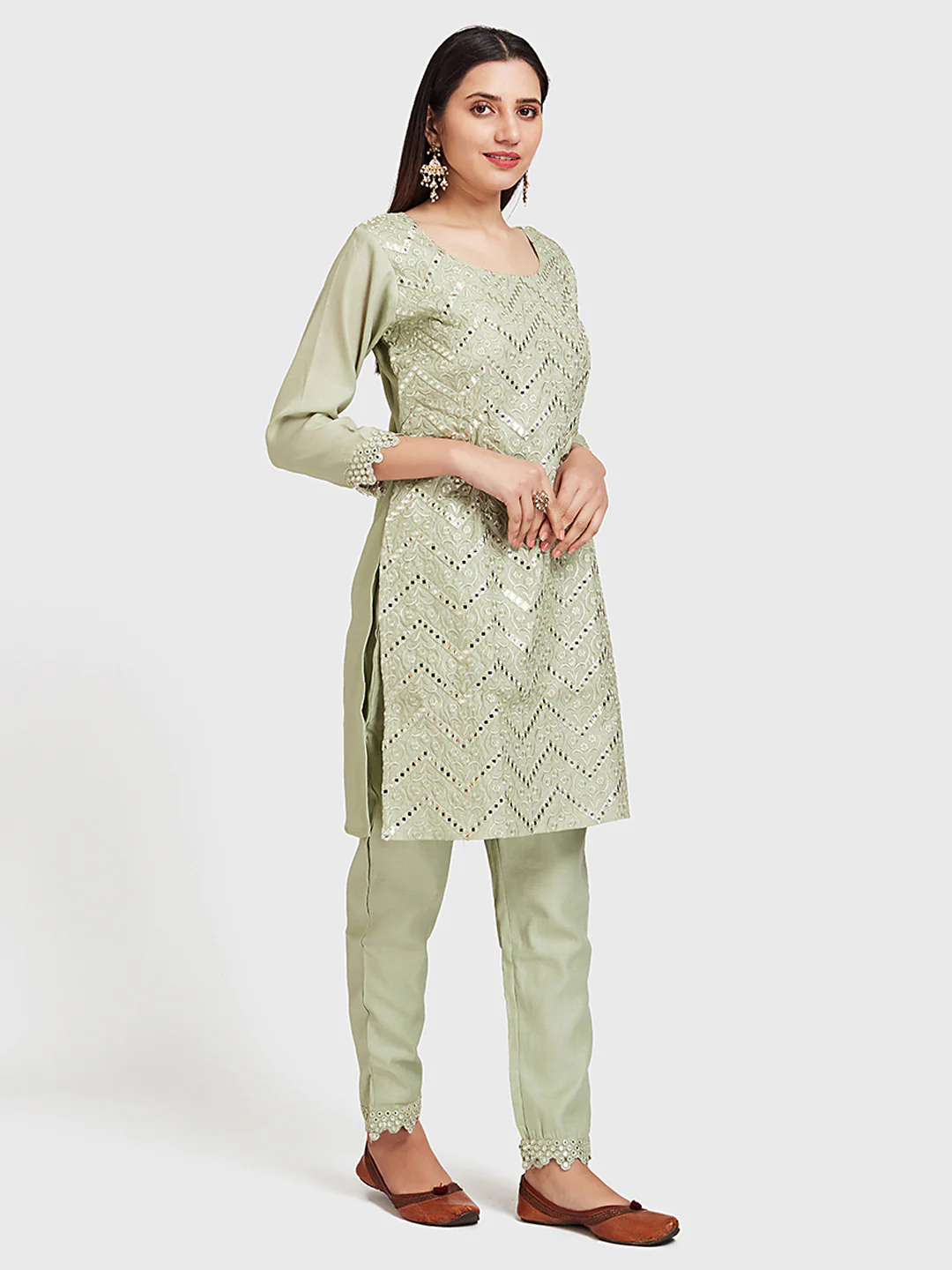 Neerus Mint Embellished Kurta & Pant Set With Jacket - Image 5
