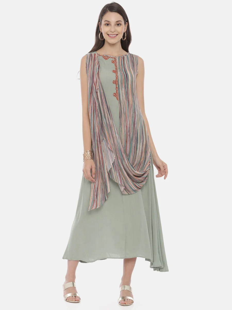 Neerus Mint Embroidered A Line Kurta With Attached Dupatta
