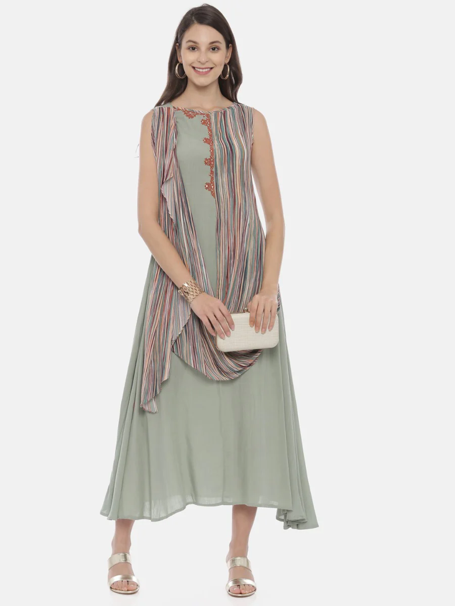 Neerus Mint Embroidered A Line Kurta With Attached Dupatta - Image 6