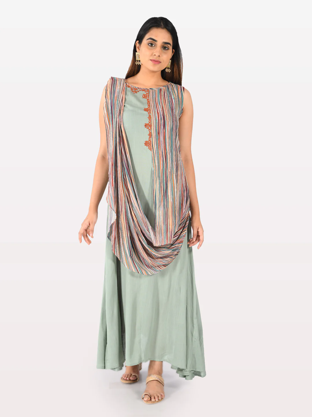 Neerus Mint Embroidered A Line Kurta With Attached Dupatta - Image 7