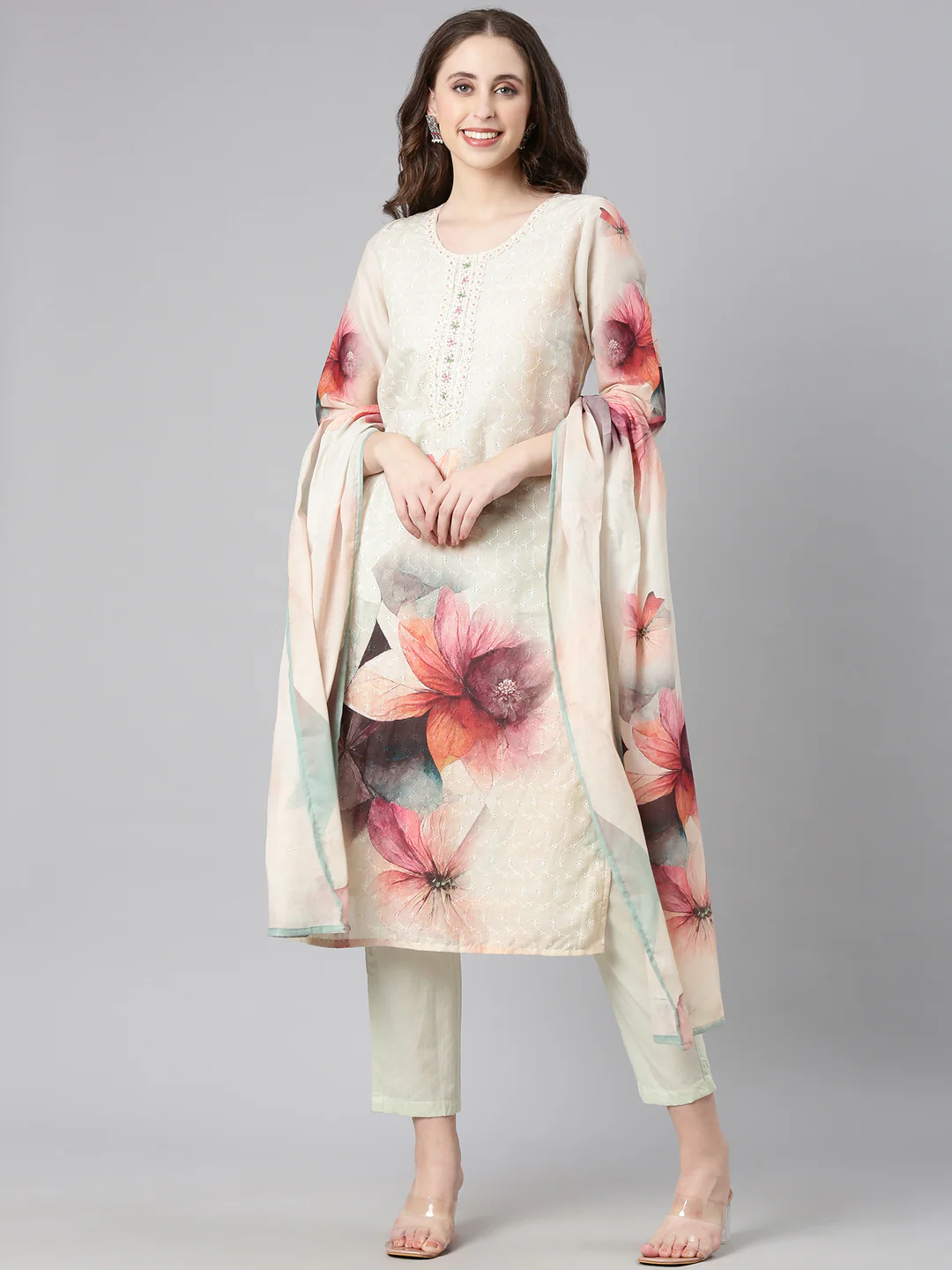 Neerus Mint Printed Straight Kurta and Trousers With Dupatta