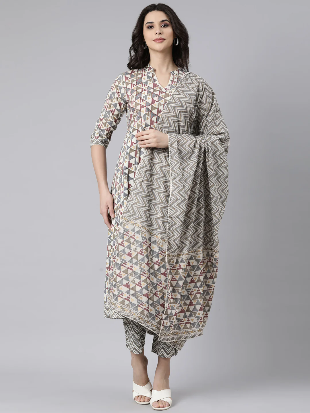 Neerus Multi Angrakha Straight Geometric Kurta And Trousers With Dupatta