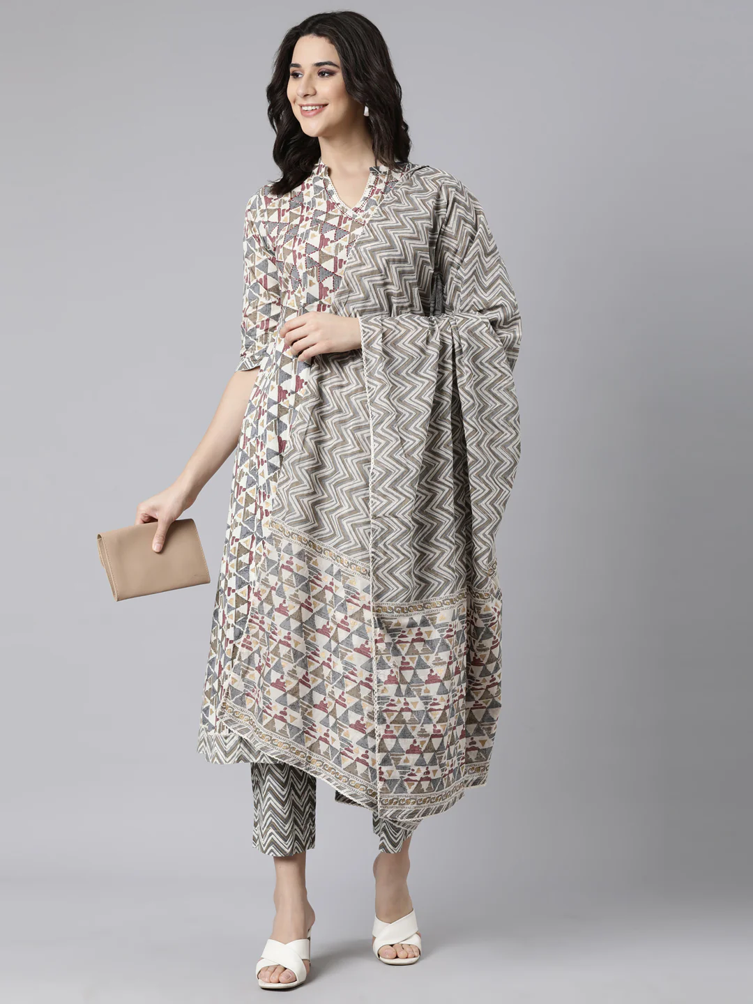 Neerus Multi Angrakha Straight Geometric Kurta And Trousers With Dupatta - Image 4