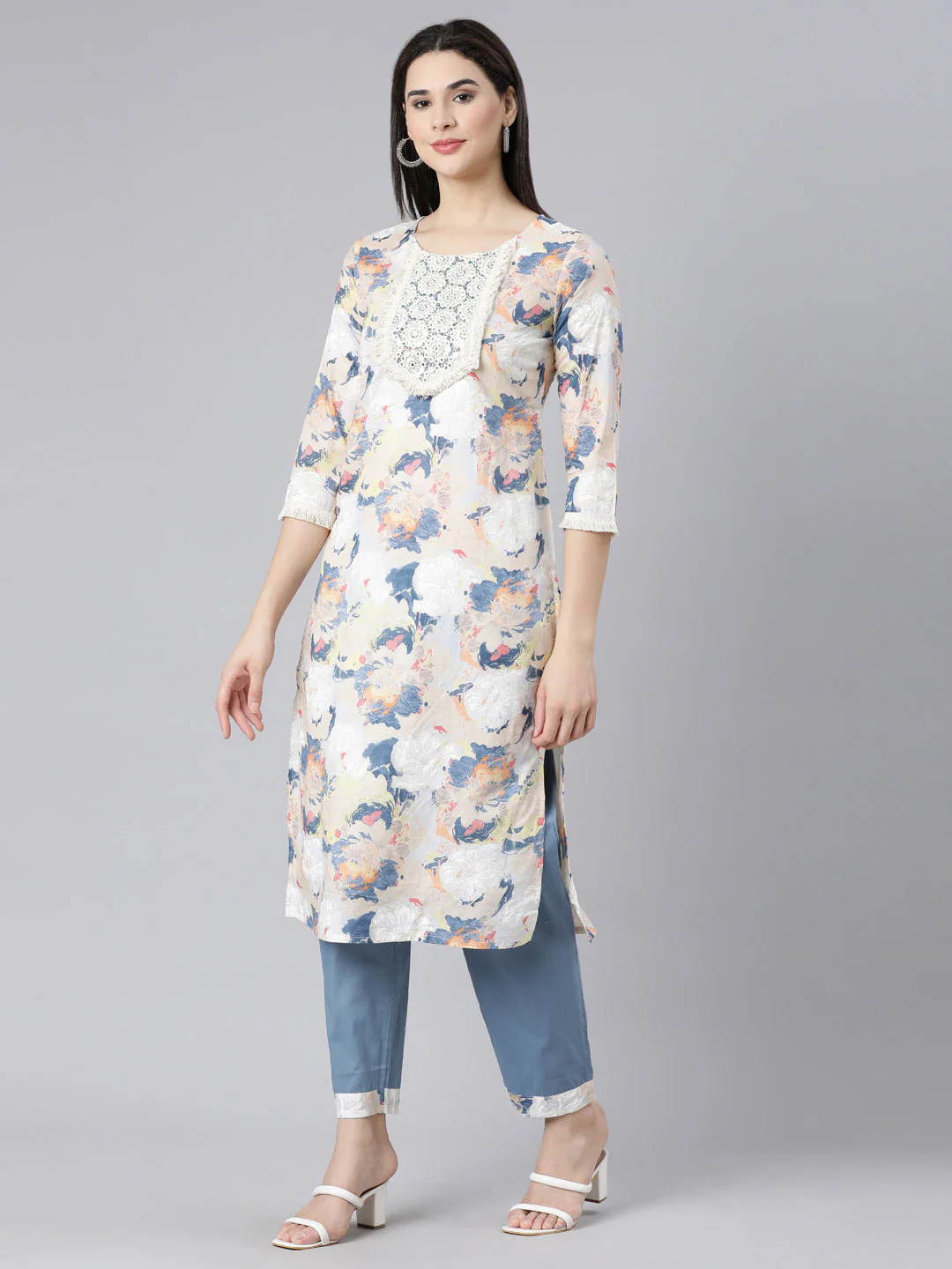 Neerus Multi Panelled Straight Printed Kurta And Trousers With Dupatta - Image 2