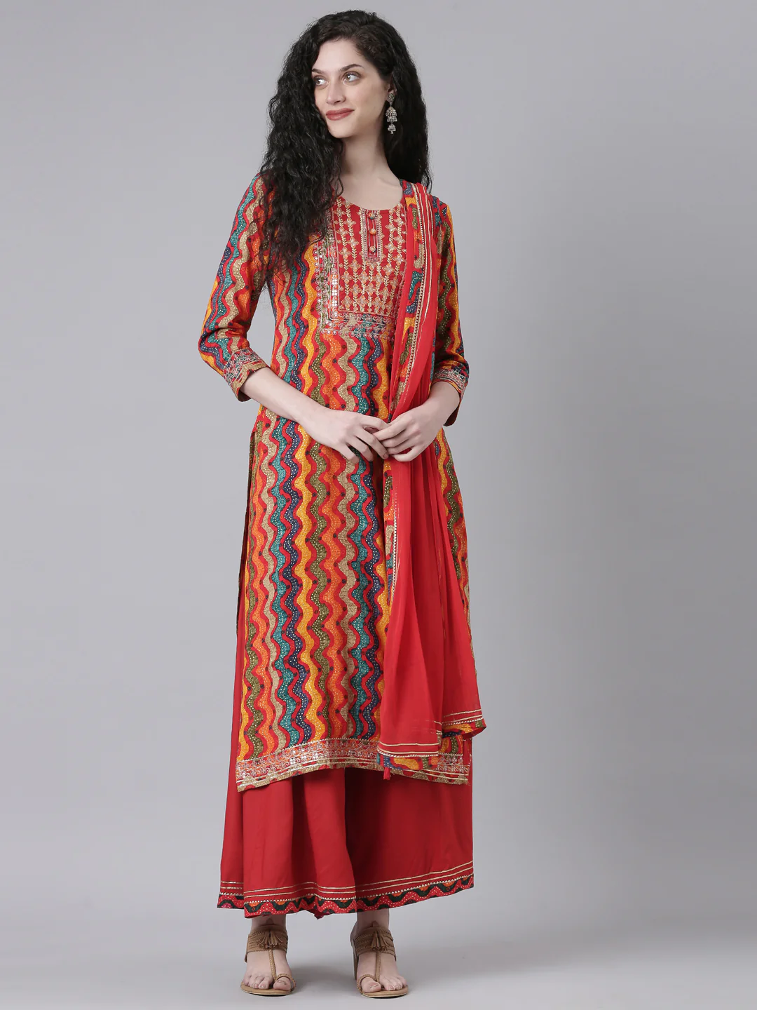 Neerus Multi Printed Straight Kurta and Palazzos With Dupatta - Image 5