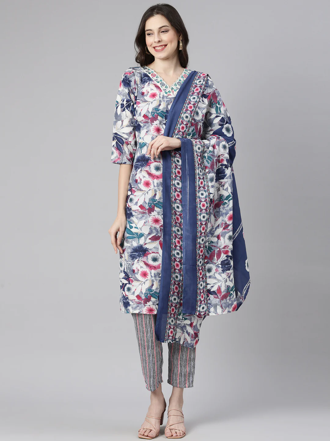 Neerus Multi Printed Straight Kurta and Trousers With Dupatta