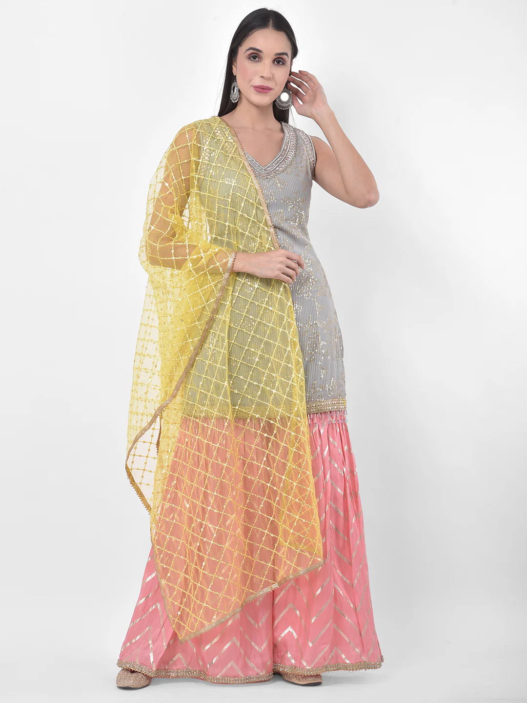 Neerus Multicolor Embellished Kurta With Sharara & Dupatta