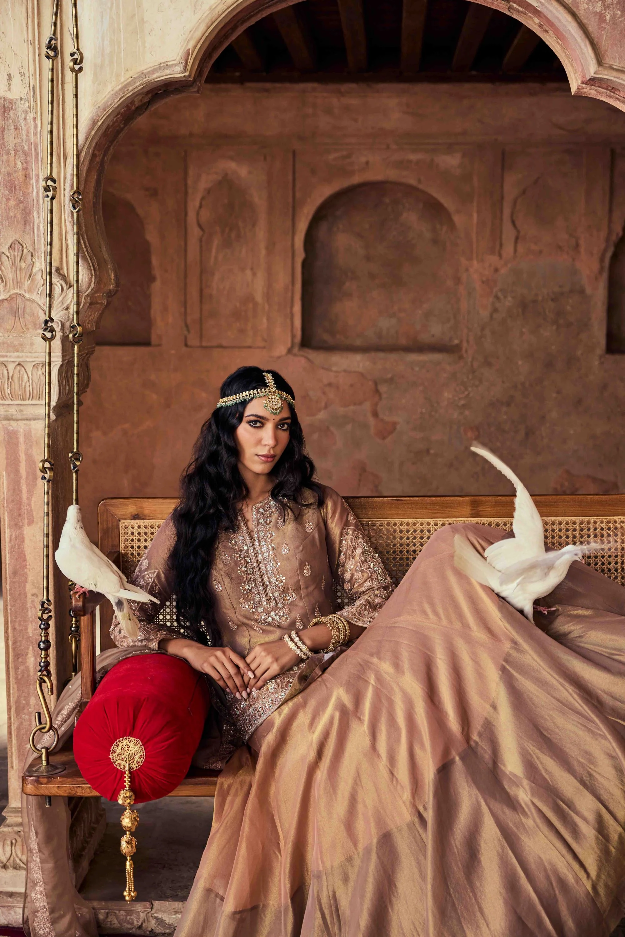 Neerus Brown Embroidery Tissue Fabric Top and Skirt with Dupatta - Image 2