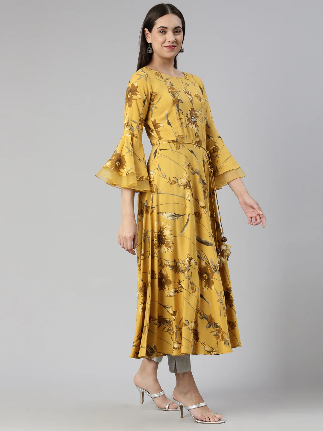 Neerus Mustard Anarkali Straight Cotton Silk Kurta - Image 2