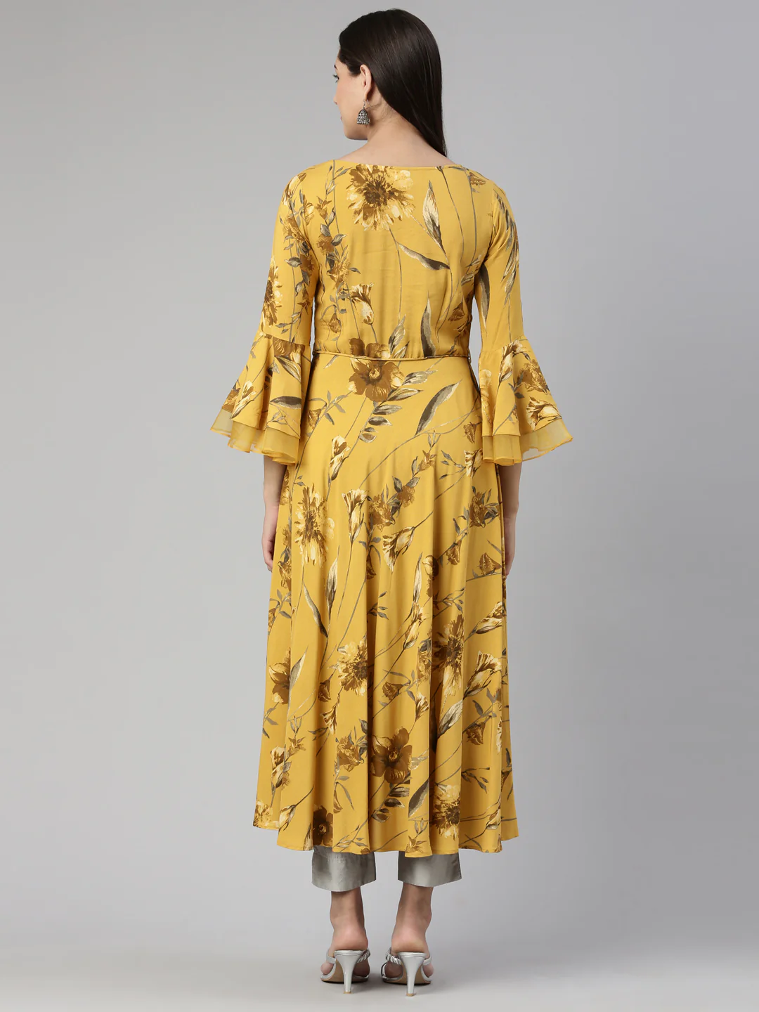 Neerus Mustard Anarkali Straight Cotton Silk Kurta - Image 3
