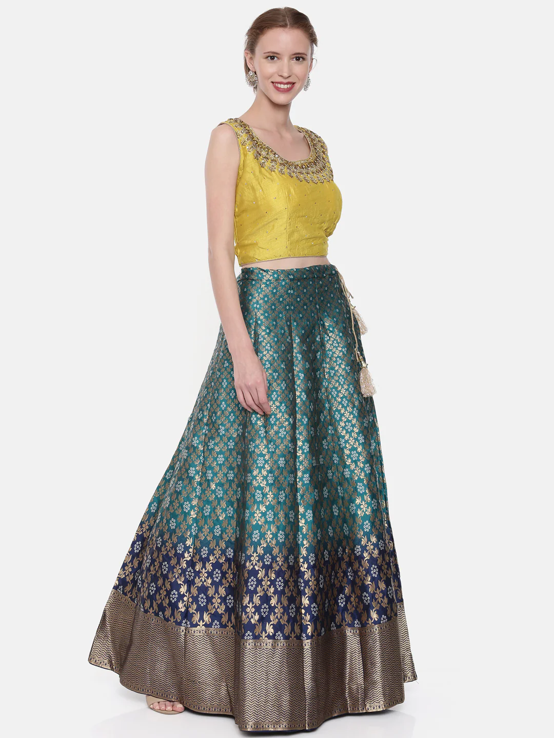 Neerus Mustard Blue Color Banaras Fabric Ghagra Set - Image 5