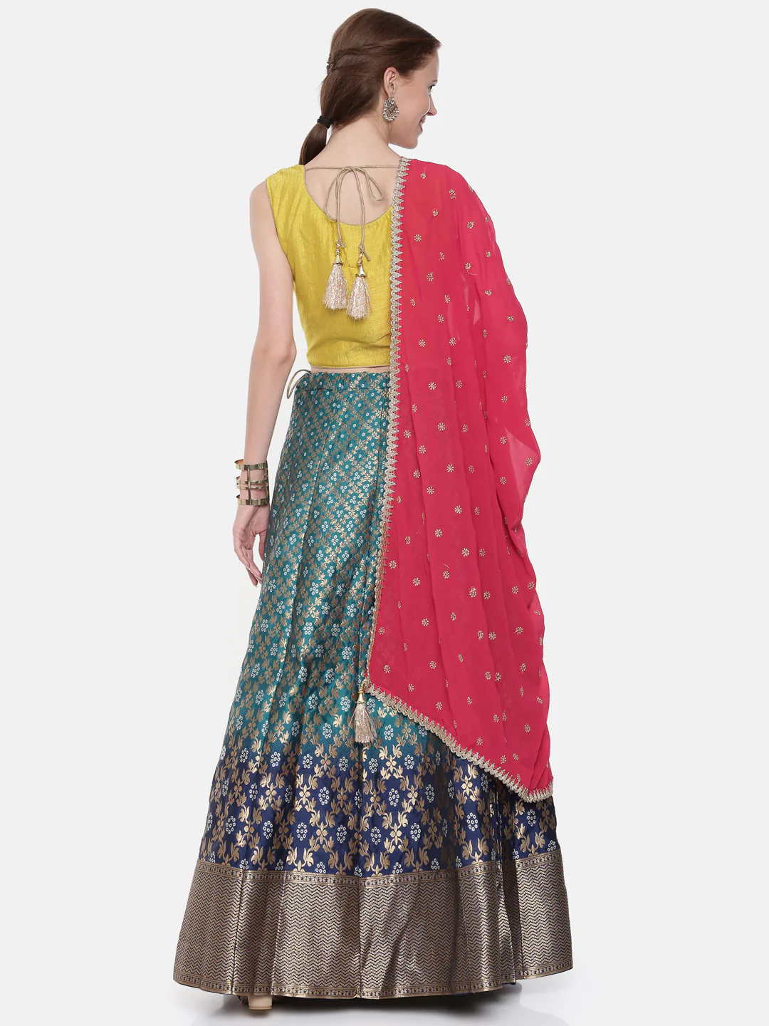 Neerus Mustard Blue Color Banaras Fabric Ghagra Set - Image 6
