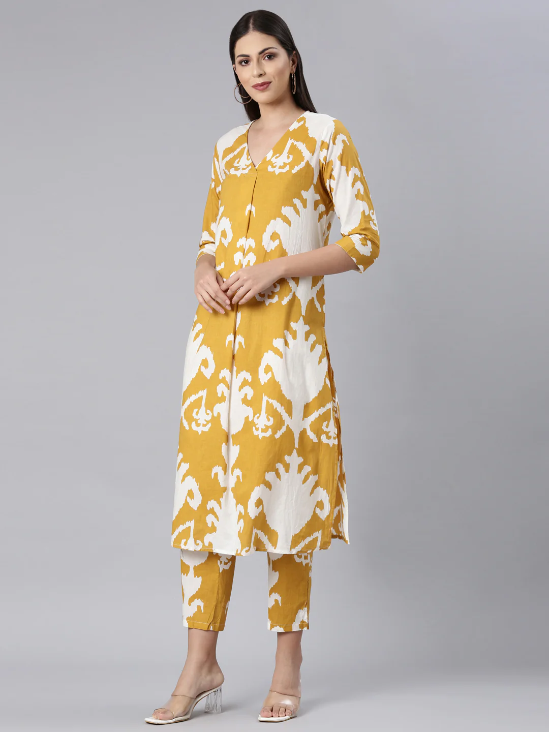 Neerus Mustard Casual Chevron Straight Kurta and Trouser - Image 2