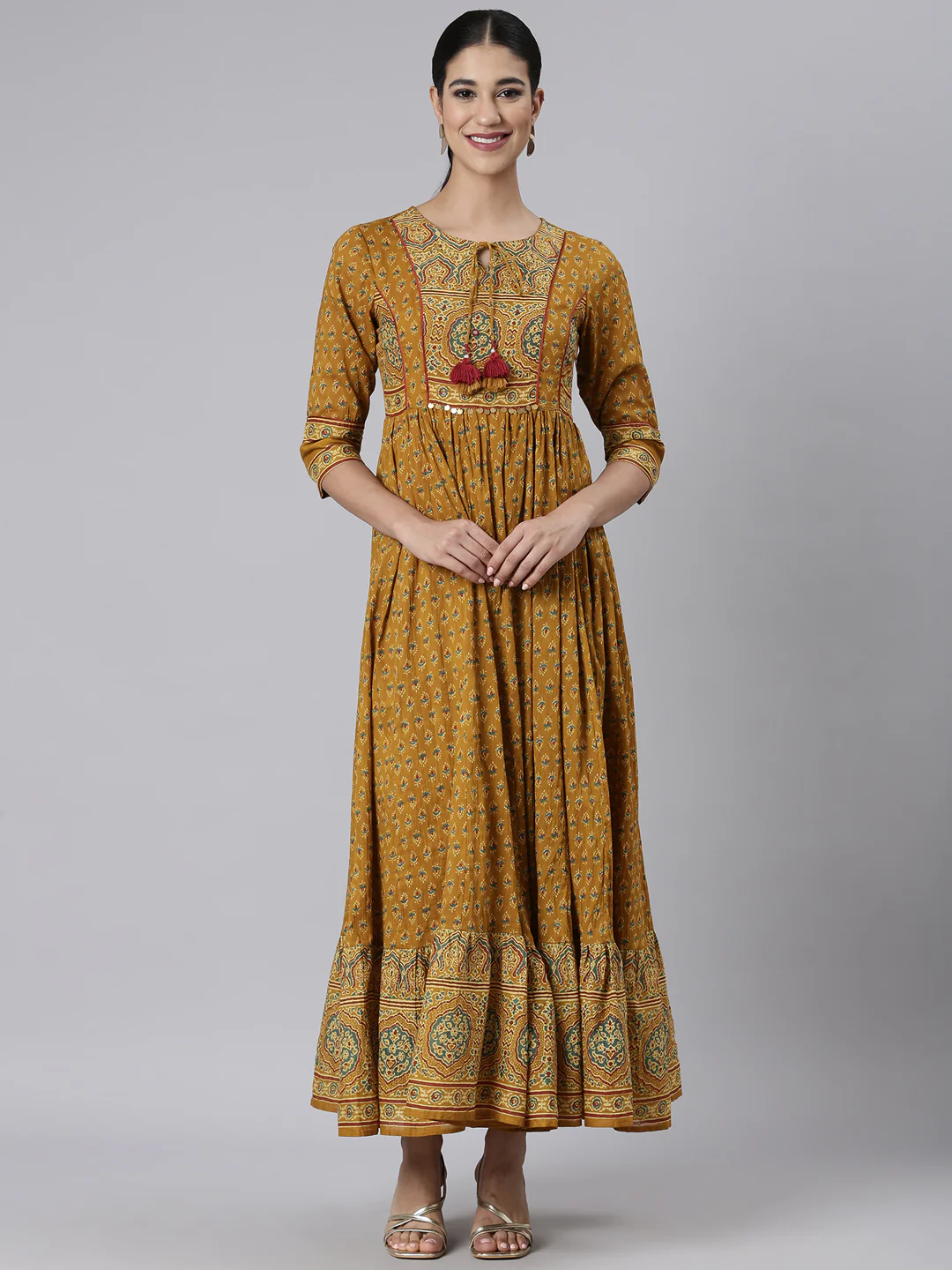 Neerus Mustard Casual Maxi Floral Dresses