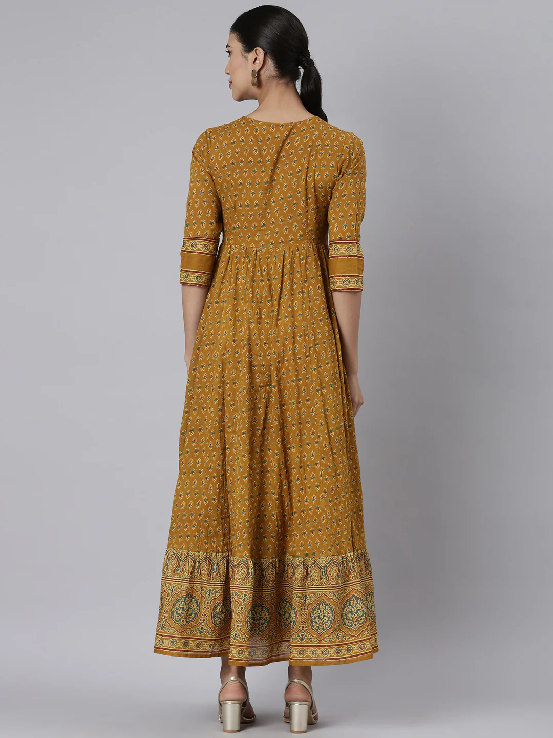 Neerus Mustard Casual Maxi Floral Dresses - Image 3