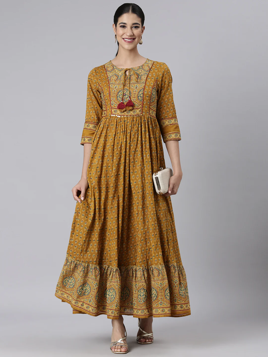 Neerus Mustard Casual Maxi Floral Dresses - Image 5