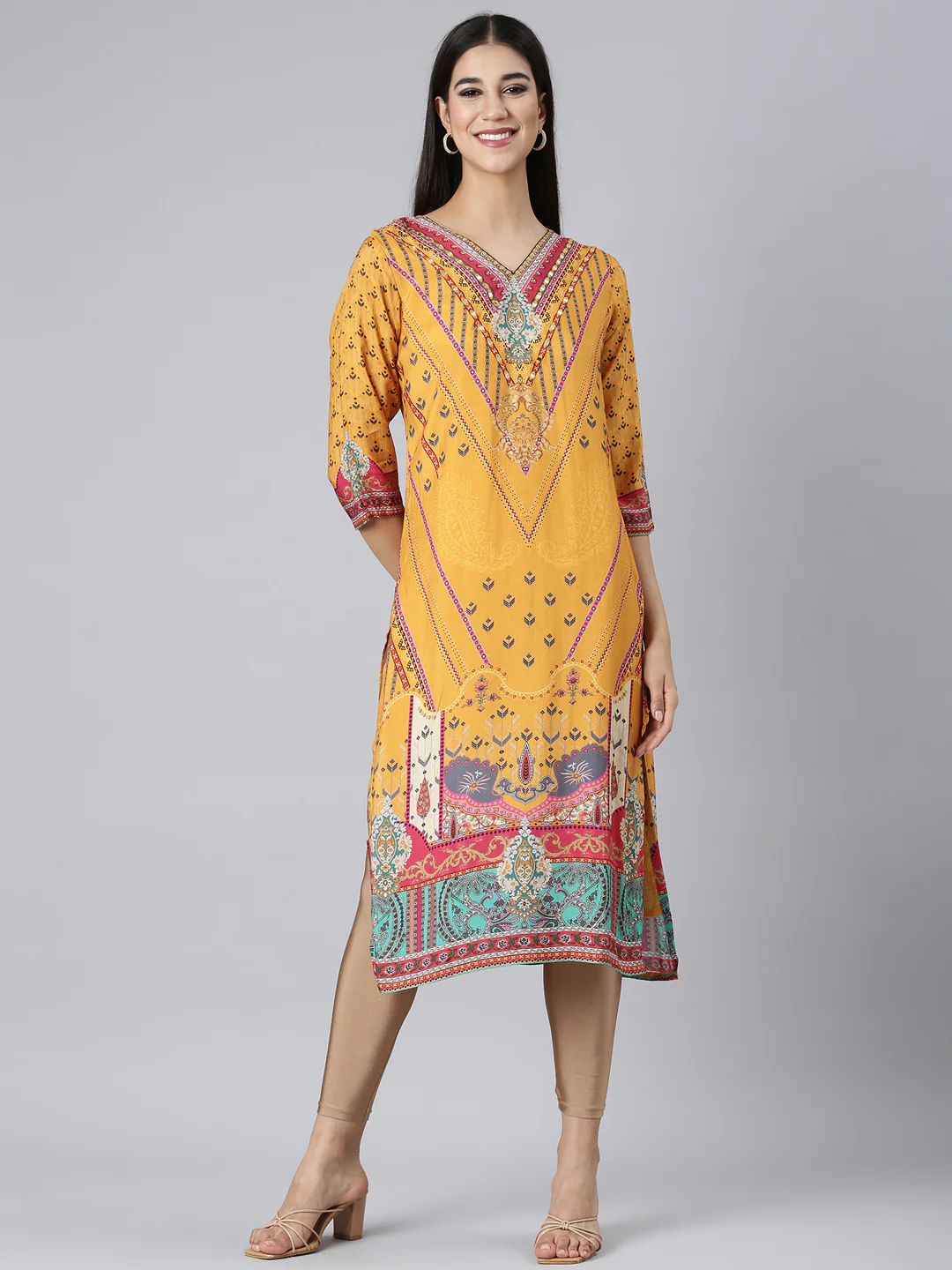 Neerus Mustard Casual Paisley Straight Kurta