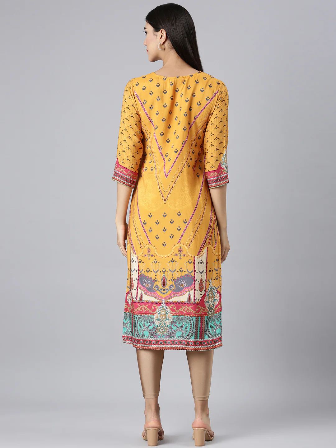 Neerus Mustard Casual Paisley Straight Kurta - Image 3