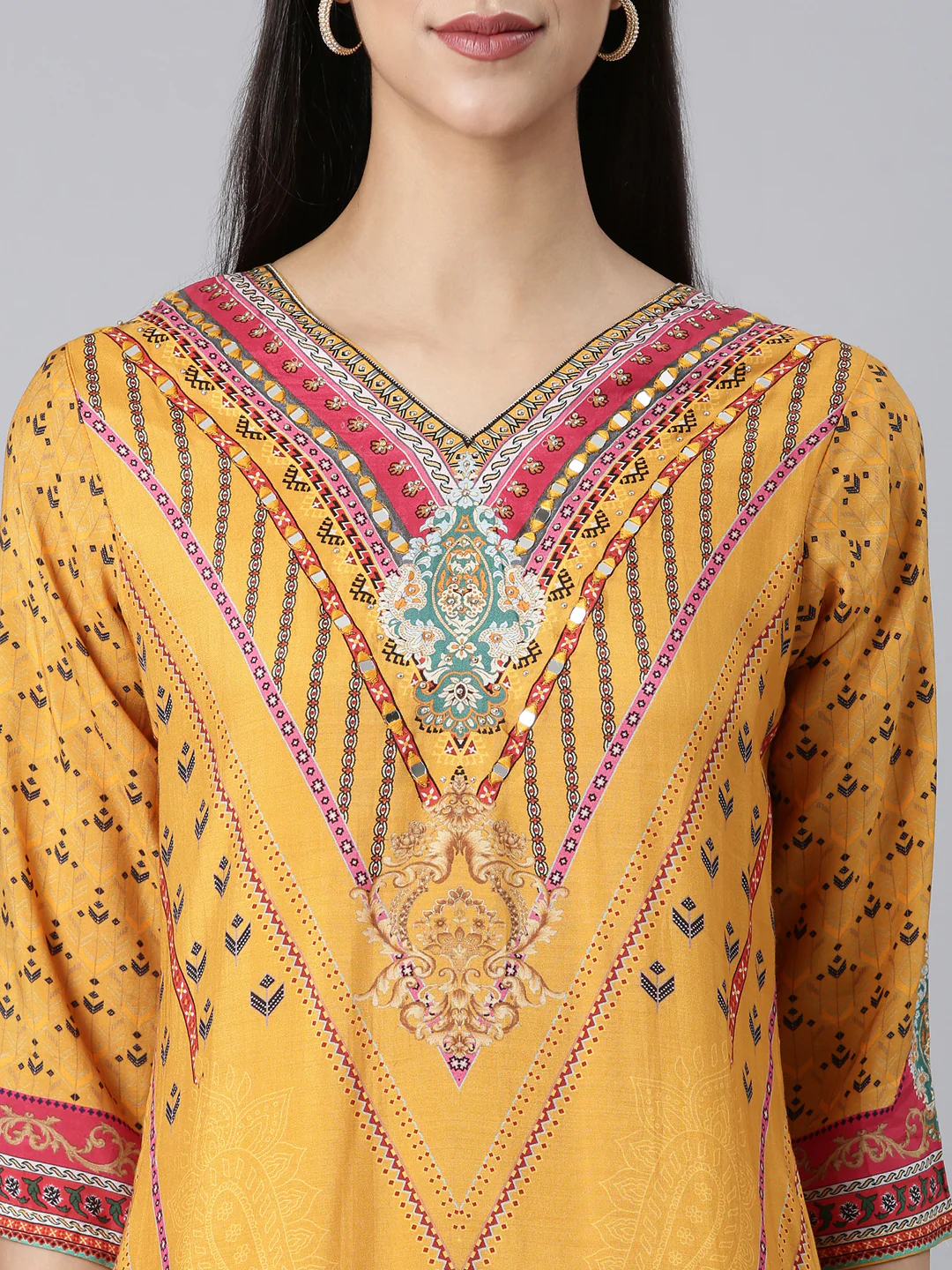 Neerus Mustard Casual Paisley Straight Kurta - Image 4