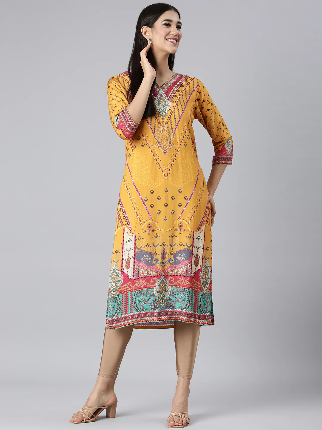 Neerus Mustard Casual Paisley Straight Kurta - Image 5