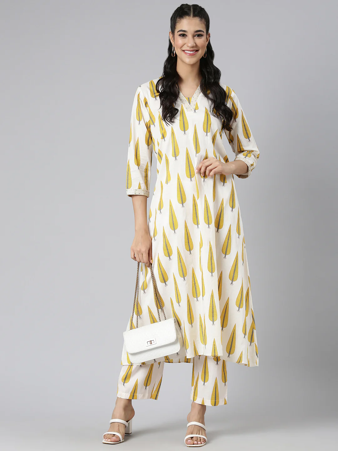 Neerus Mustard Casual Printed Curved Kurta and Trousers - Image 5